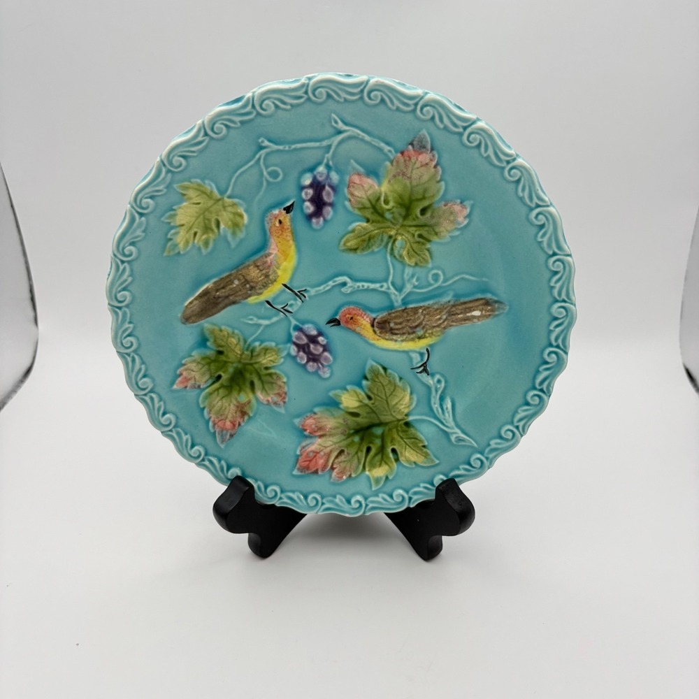 Antique Majolica Plate Zell Germany Bird Grapes Turquoise 6.5" Dessert Plate